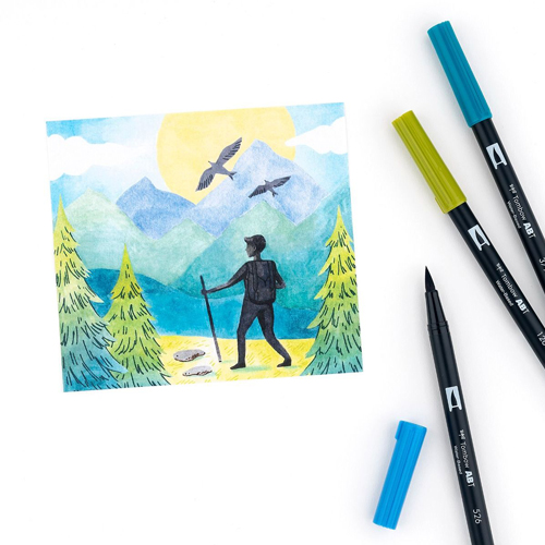 tombow pens drawing of guy hiking in forest